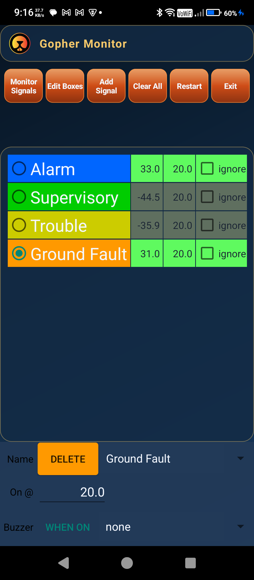 Setup screen